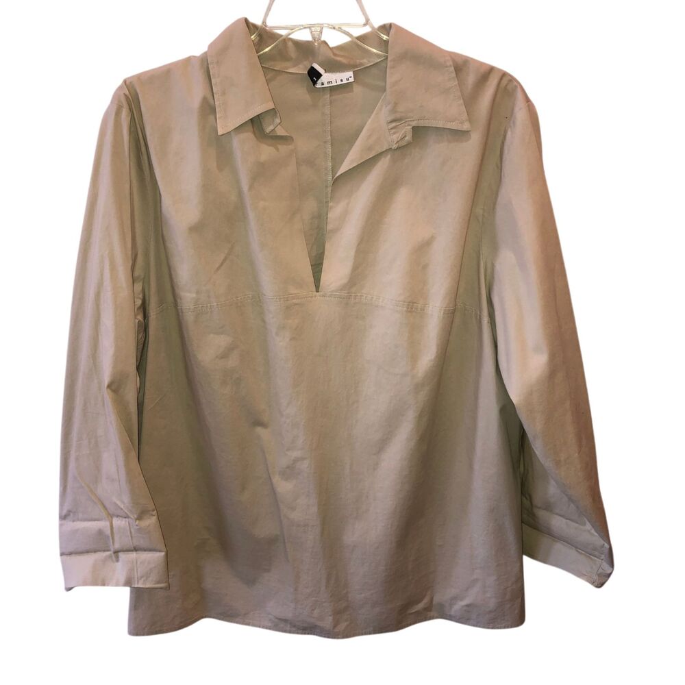 VTG Tiramisu Womens XL Beige Deep V Neck Collared Pullover Long Sleeve Shirt Top